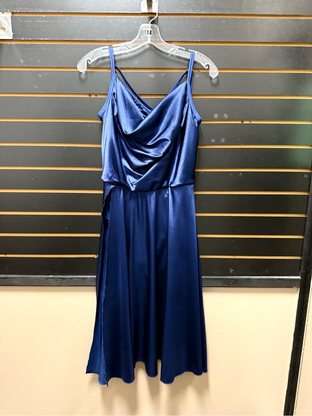 Weissman Dance Costume Dress LA Navy Blue Satin Draped Lyrical Contemporary